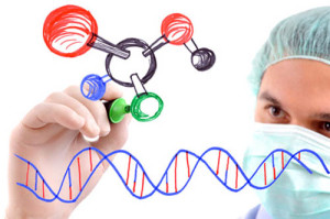 Researcher drawing atom symbol and dna on glass